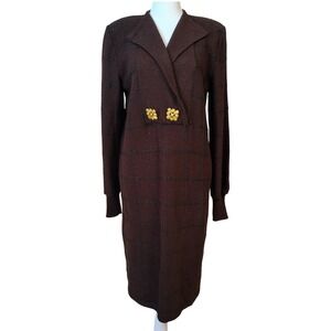 Vintage 80s Roberta Fashions Dress Medium Brown Plaid Knit‎ Midi Career Office